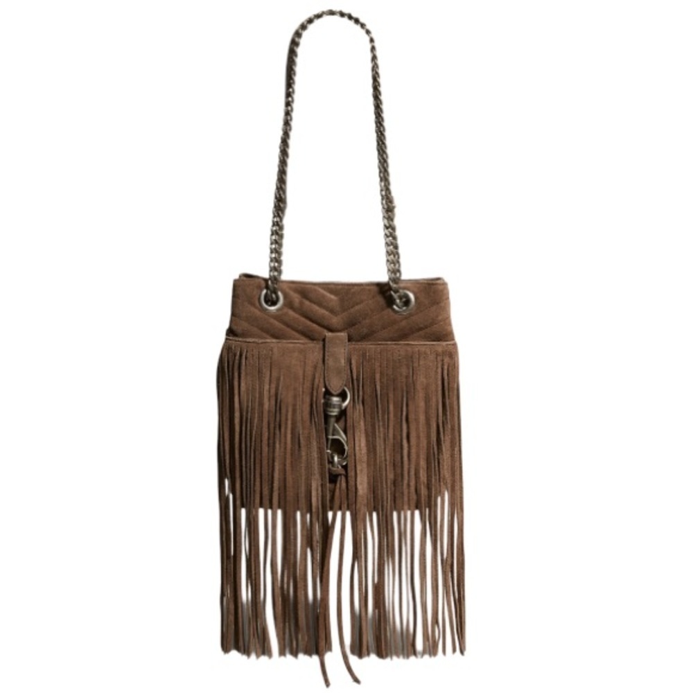 New Rebecca Minkoff Edie Fringe Quilt Suede Crossbody Bag Purse Handbag, Porcini